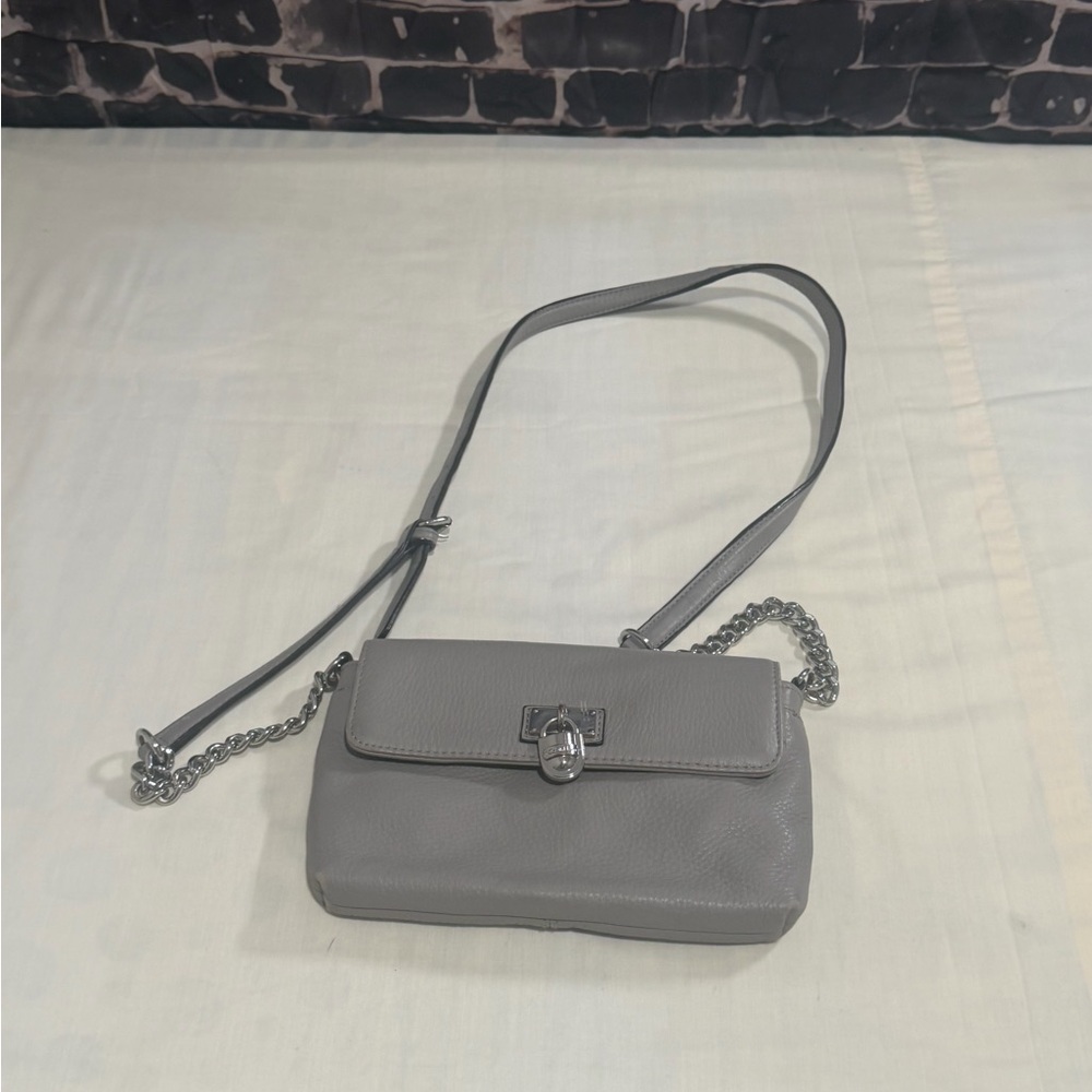 Calvin Klein Gray Pebbled Leather Crossbody with Chain Accent